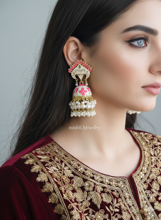 Pink Meenakari Jhumkay - Mishii B Jewelry