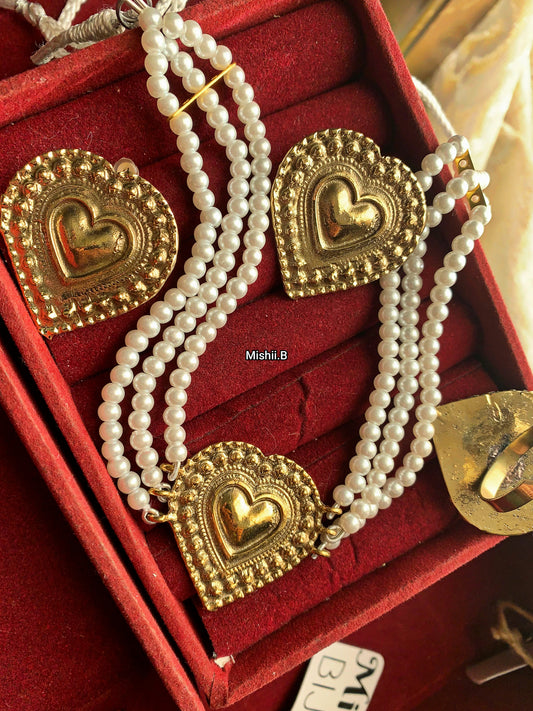 Biege Gold Pearls Gulluband Set