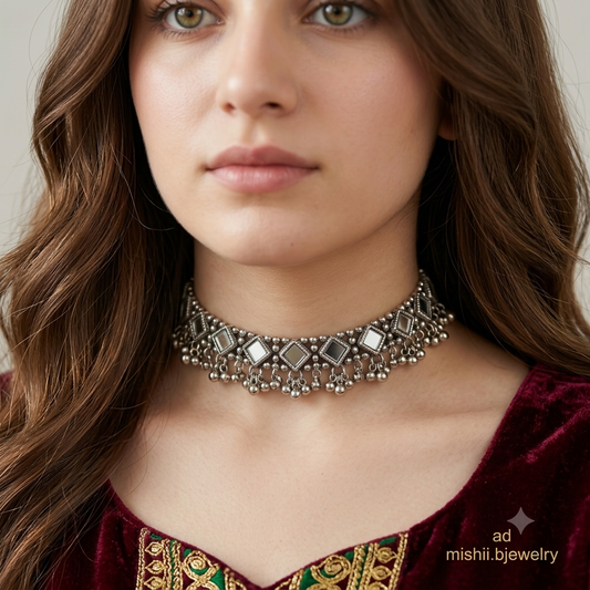 Silver shesh Oxidised Choker