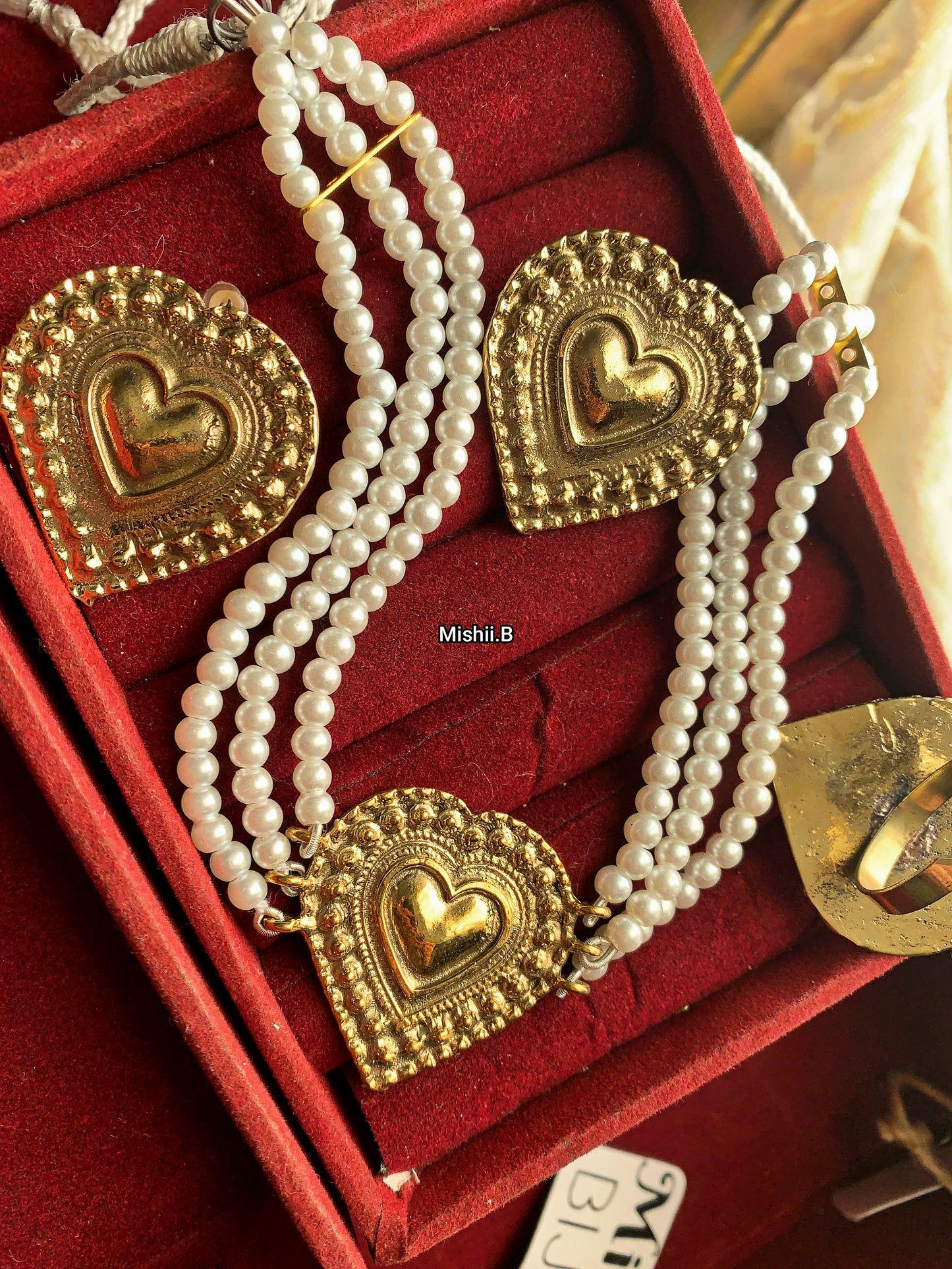 Biege Gold Pearls Gulluband Set
