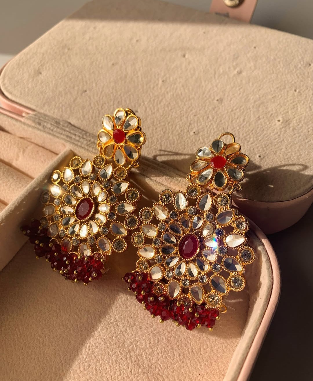 Red Kundan Dangler Studs
