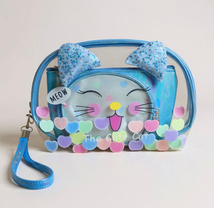 3pc Cute Cat Face Makeup Pouches